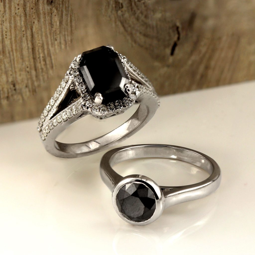 Trio Black Diamonds Engagement Ring Set, Wedding Anniversary Rings Sets,  14K Black Gold Vintage Style 2.02